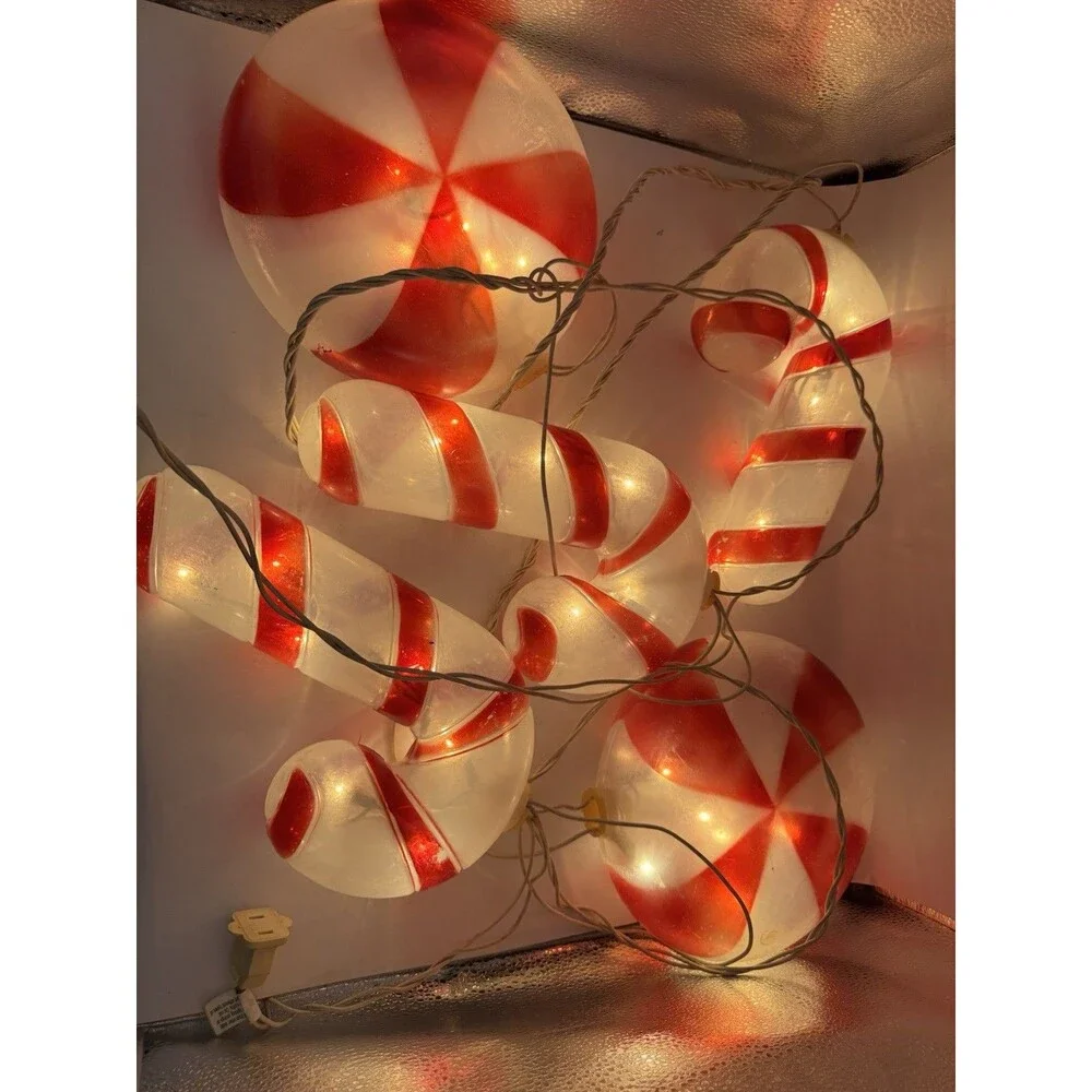 Blow Mold 15 Lighted Candy Canes & Peppermint Christmas Hanging String Lights